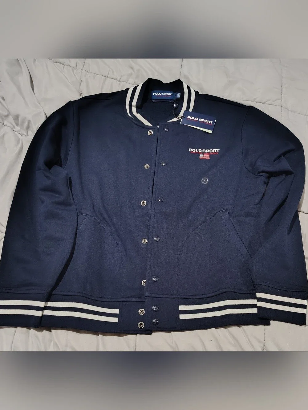 Polo Sport Ralph Lauren Varsity Snap Jacket Navy Large USA Flag Logo NWT